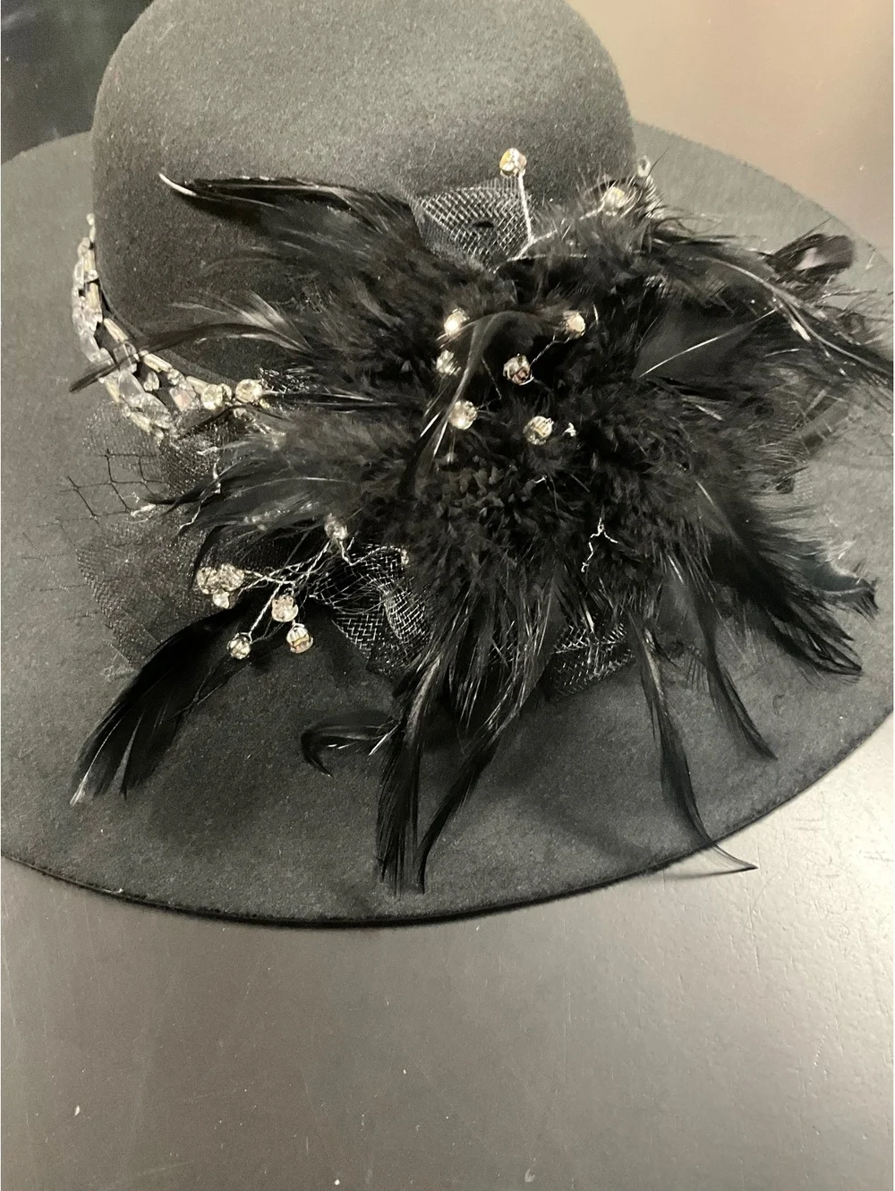 Black Felt Wide Brim Silver Feather Embellished Hat